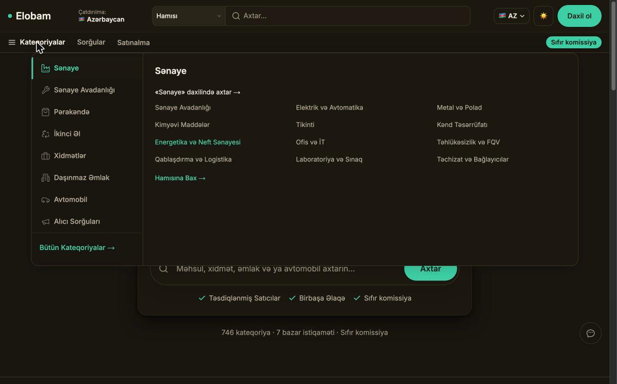 Elobam category menu: industry, retail, second-hand, services, real estate, automotive and buyer requests