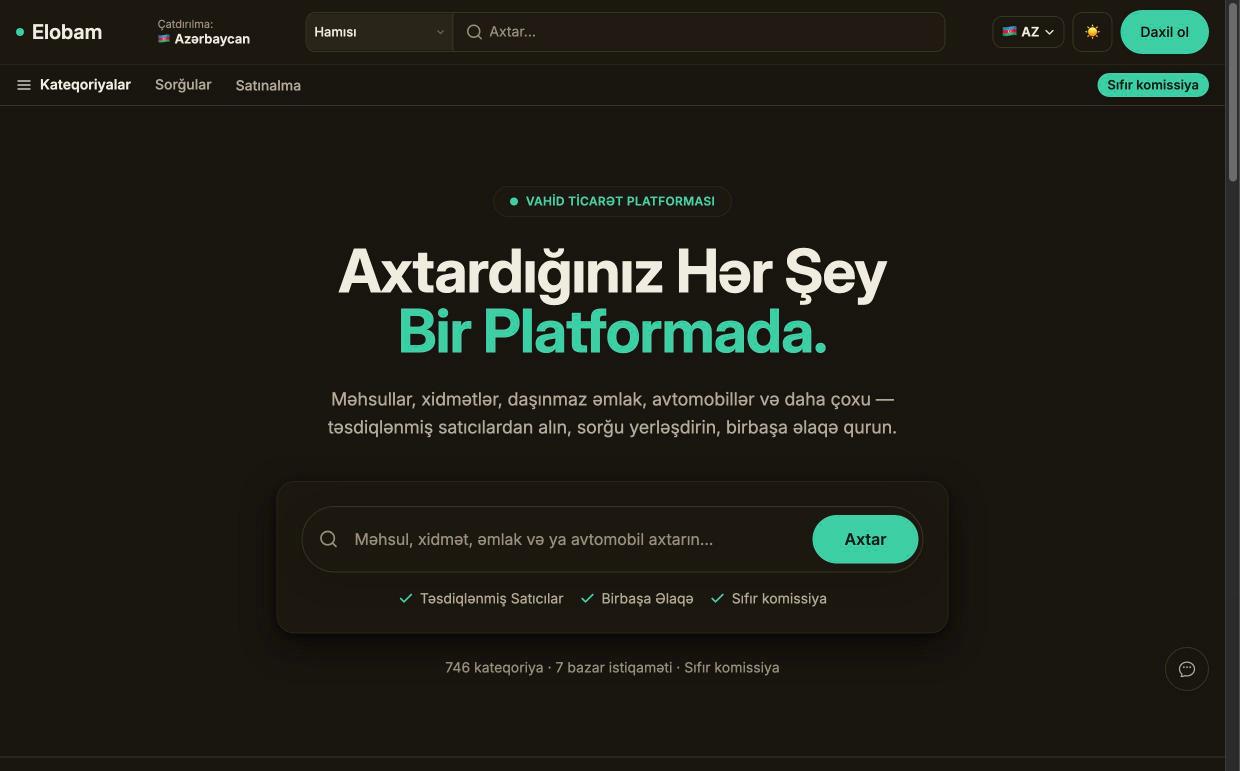 Elobam home page in Azerbaijani: one search across products, services, real estate and vehicles